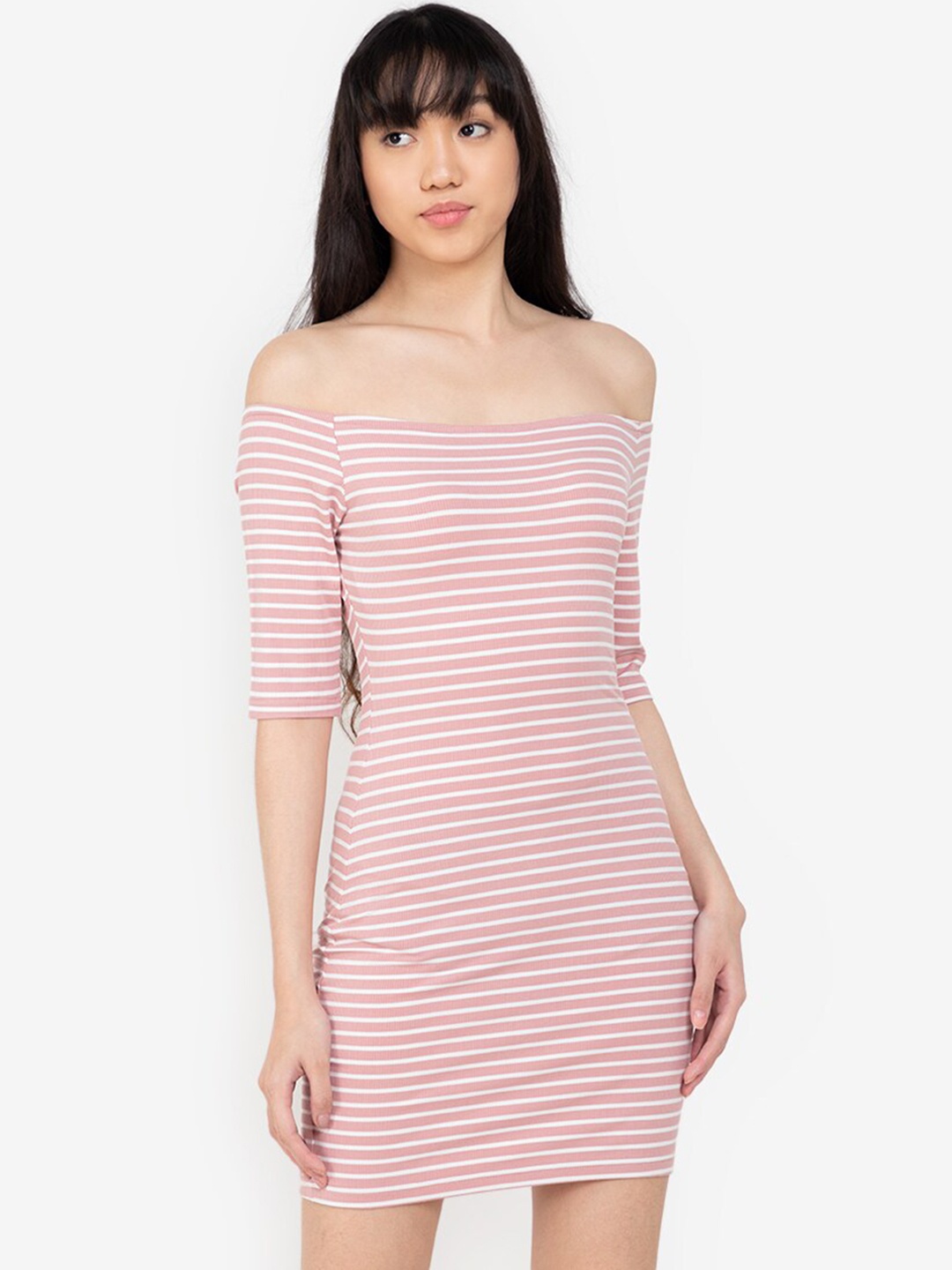 

ZALORA BASICS White & Red Striped Off-Shoulder Bodycon Mini Dress