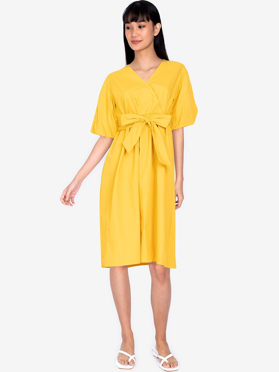 

ZALORA BASICS Yellow Balloon Sleeve Pure Cotton Wrap Midi Dress