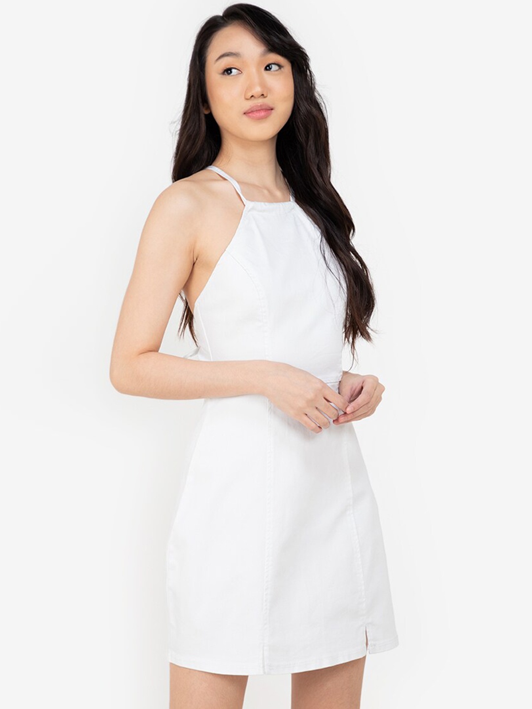 

ZALORA BASICS White Halter Neck Sheath Denim Mini Dress