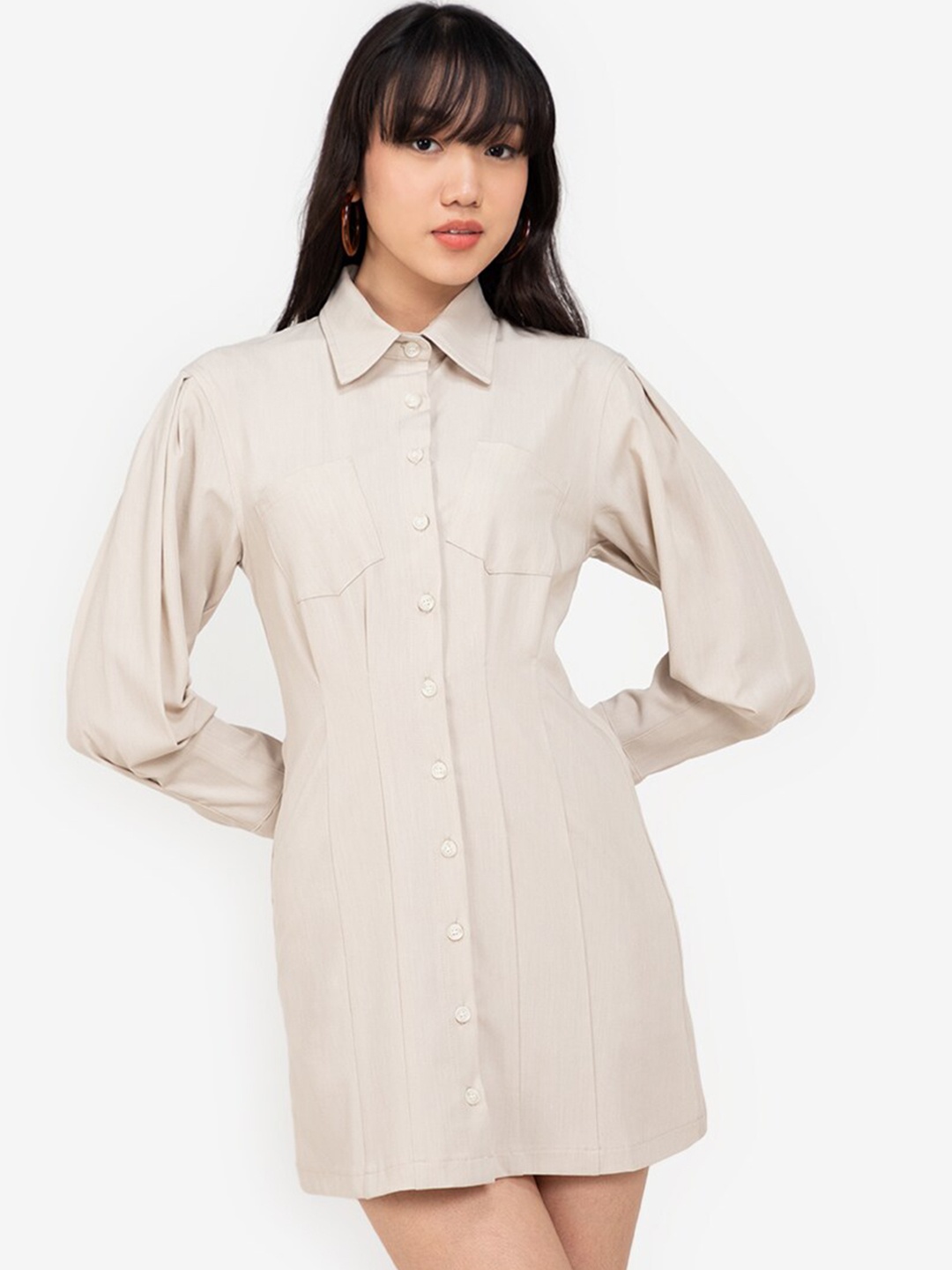 

ZALORA BASICS Beige Solid Shirt Mini Dress