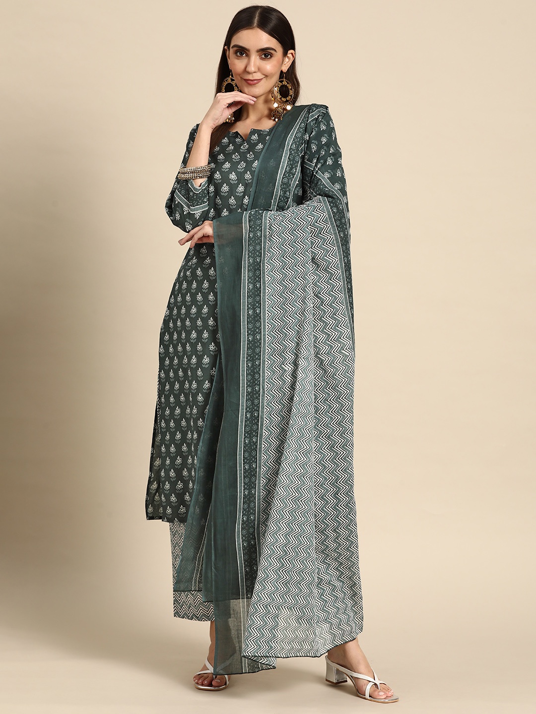 

Prakrti Women Green Pure Cotton Printed Mirror Work Kurta with Trousers & Dupatta