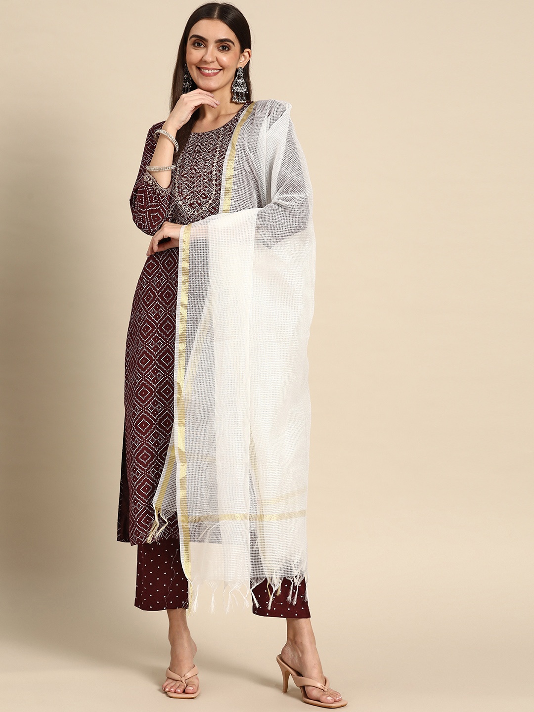 

Prakrti Women Maroon Bandhani Printed Mirror Work Kurta with Trousers & With Dupatta