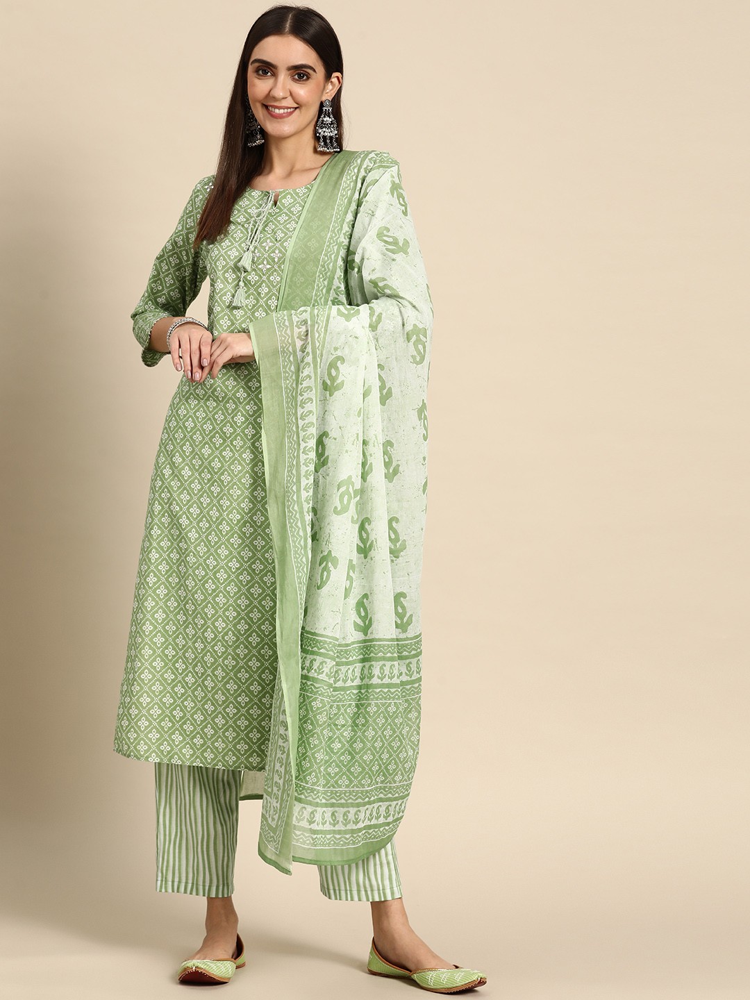 

Prakrti Women Green Pure Cotton Motifs Printed Mirror Work Kurta with Trousers & Dupatta