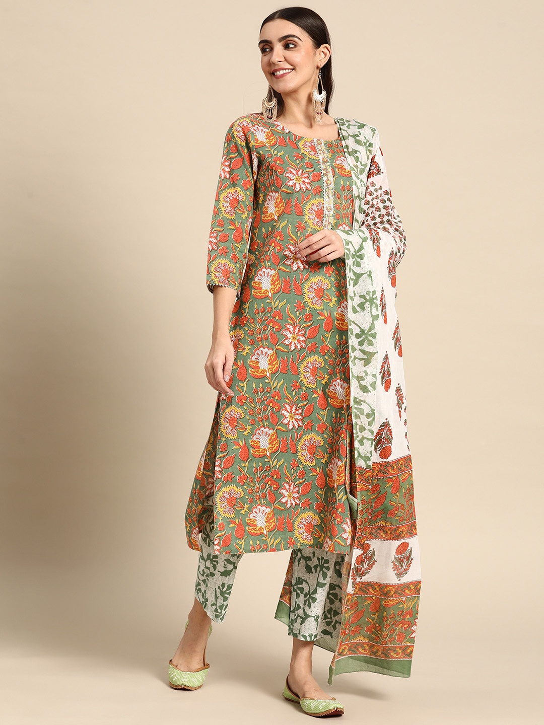 

Prakrti Women Green Pure Cotton Ethnic Motifs Printed Kurta with Trousers & Dupatta