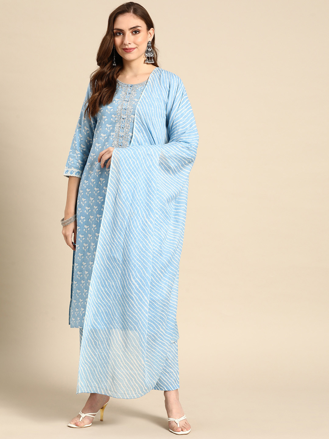 

Prakrti Women Blue Pure Cotton Ethnic Printed Sequinned Kurta with Trousers & Dupatta