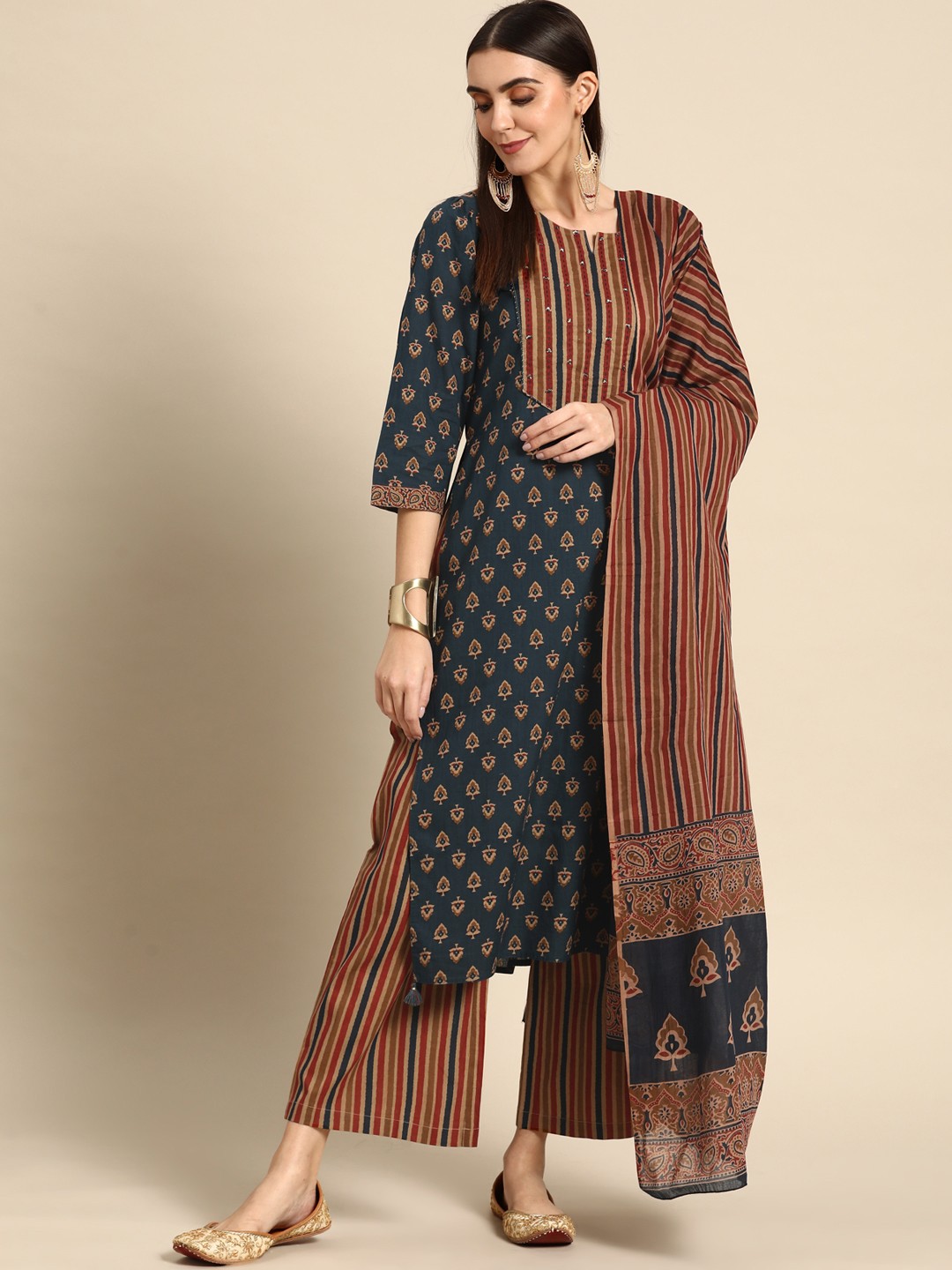 

Prakrti Women Teal Blue Pure Cotton Ethnic Printed Sequinned Kurta with Trousers & Dupatta