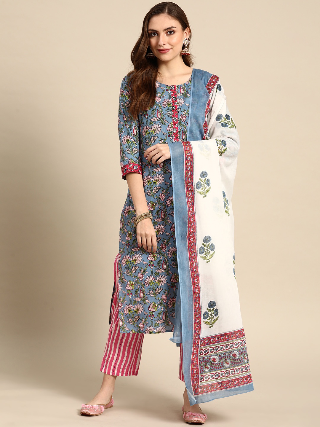 

Prakrti Women Blue Pure Cotton Ethnic Motifs Printed Kurta with Trousers & Dupatta