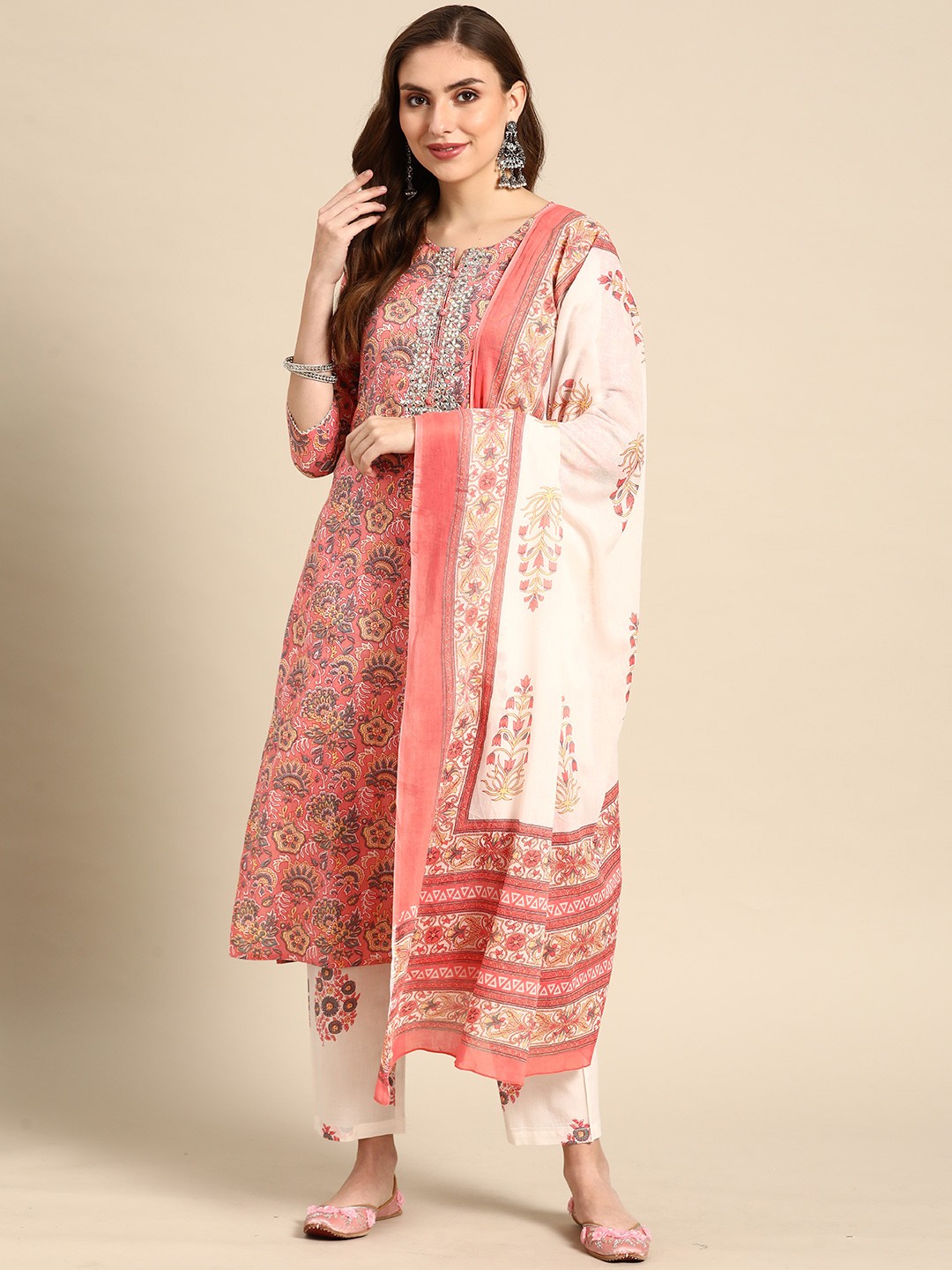 

Prakrti Women Coral Pinkl Pure Cotton Printed Mirror Work Kurta with Trousers & Dupatta