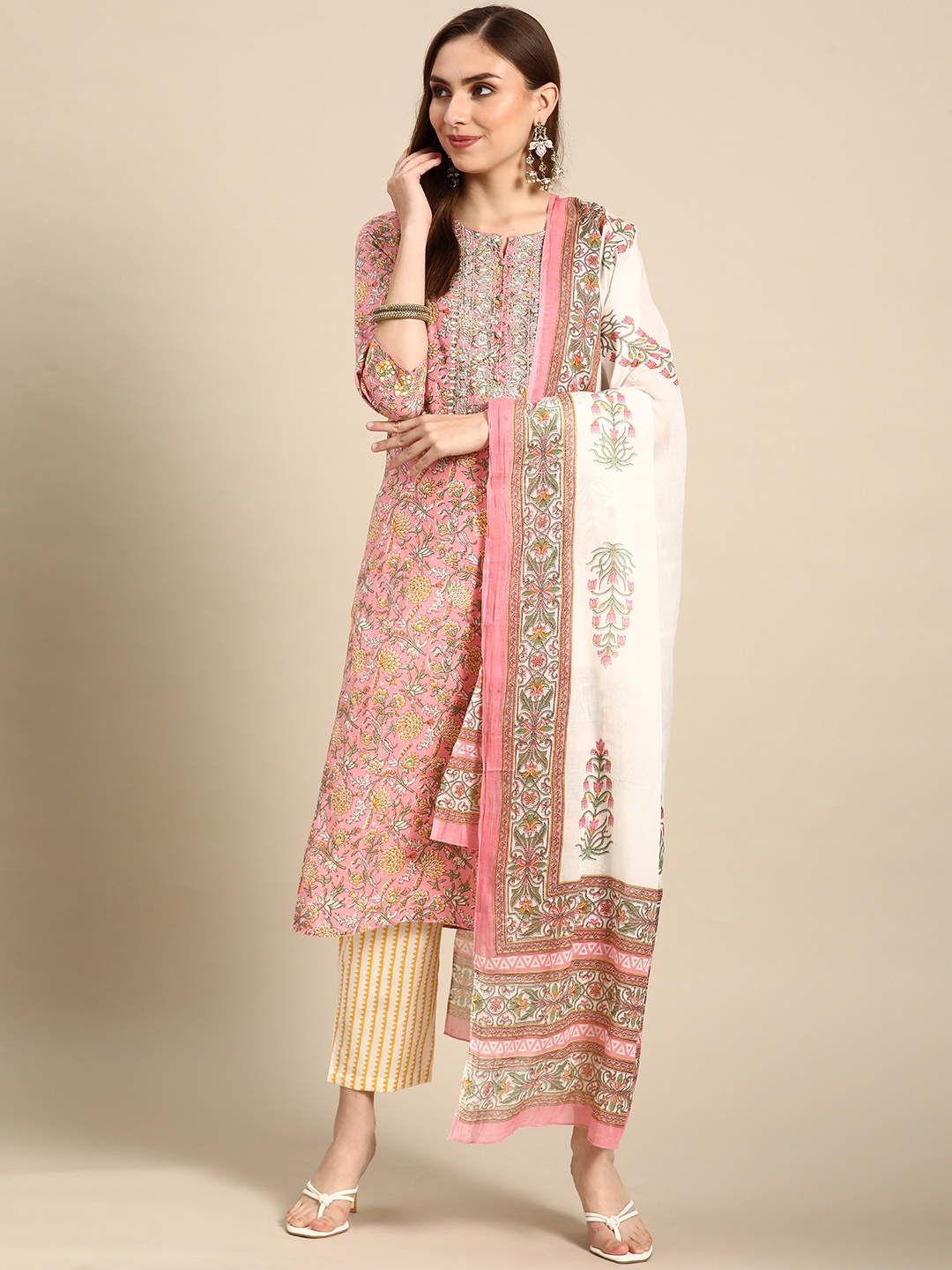 

Prakrti Women Pink Pure Cotton Ethnic Printed Mirror Work Kurta with Trousers & Dupatta
