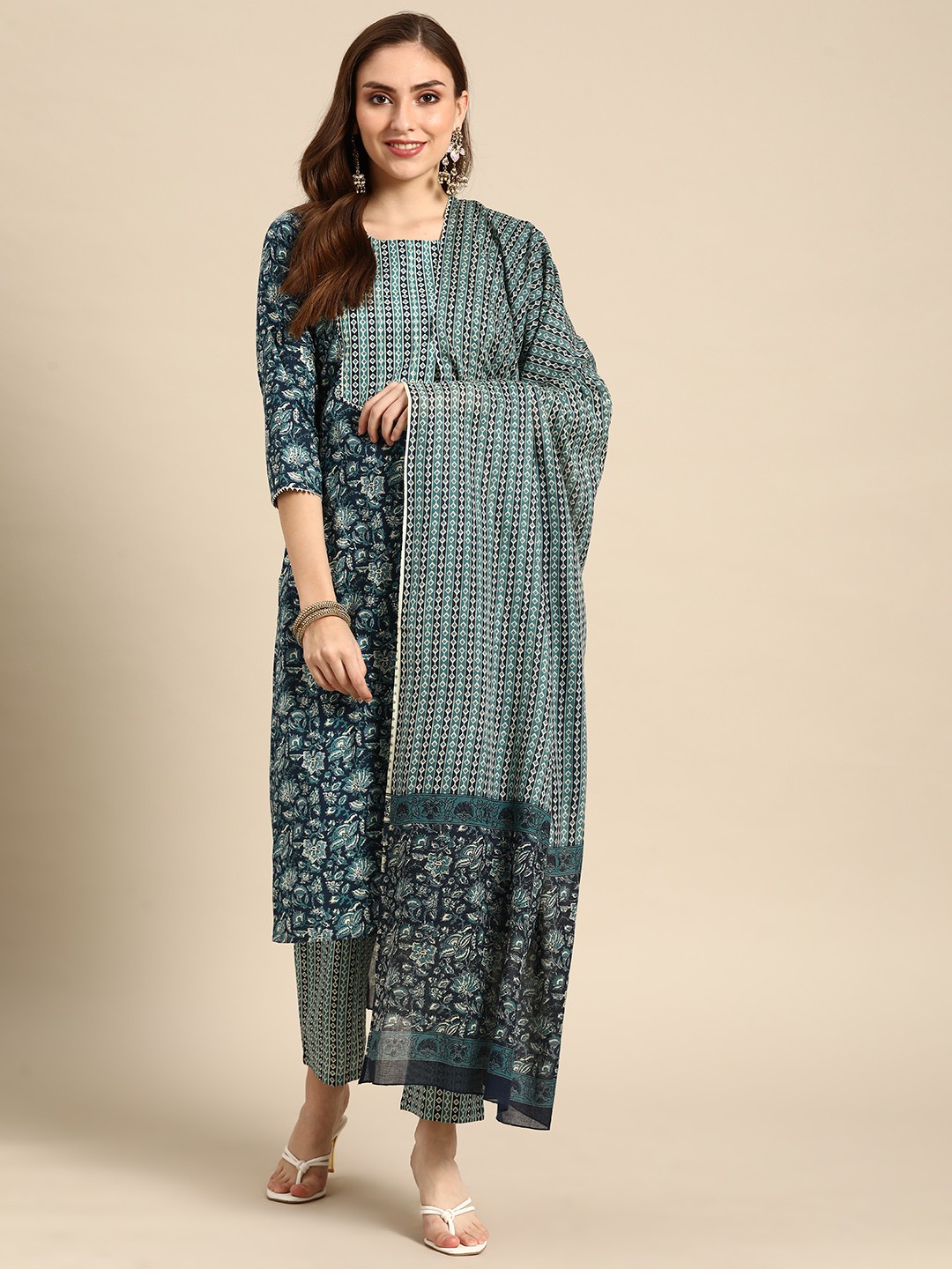 

Prakrti Women Navy Blue Pure Cotton Printed Mirror Work Kurta with Trousers & Dupatta