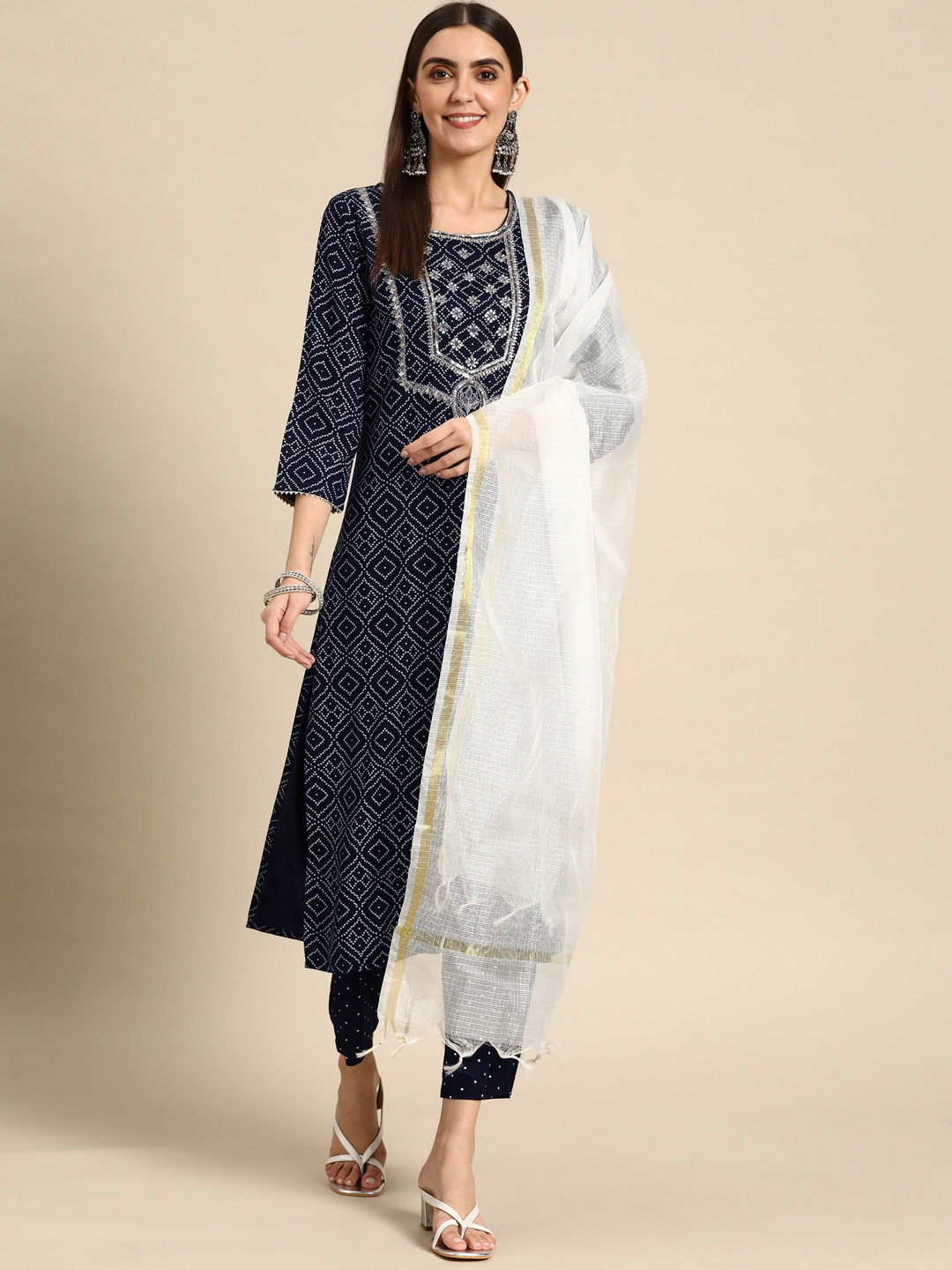 

Prakrti Women Navy Blue Bandhani Printed Sequinned Kurta with Trousers & With Dupatta
