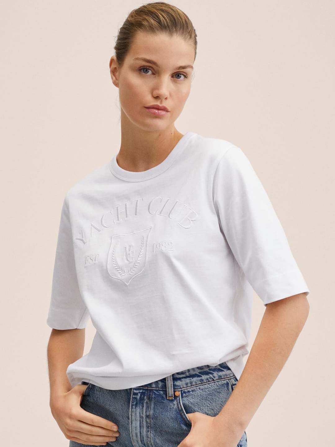 

MANGO Women White Pure Cotton Solid T-shirt