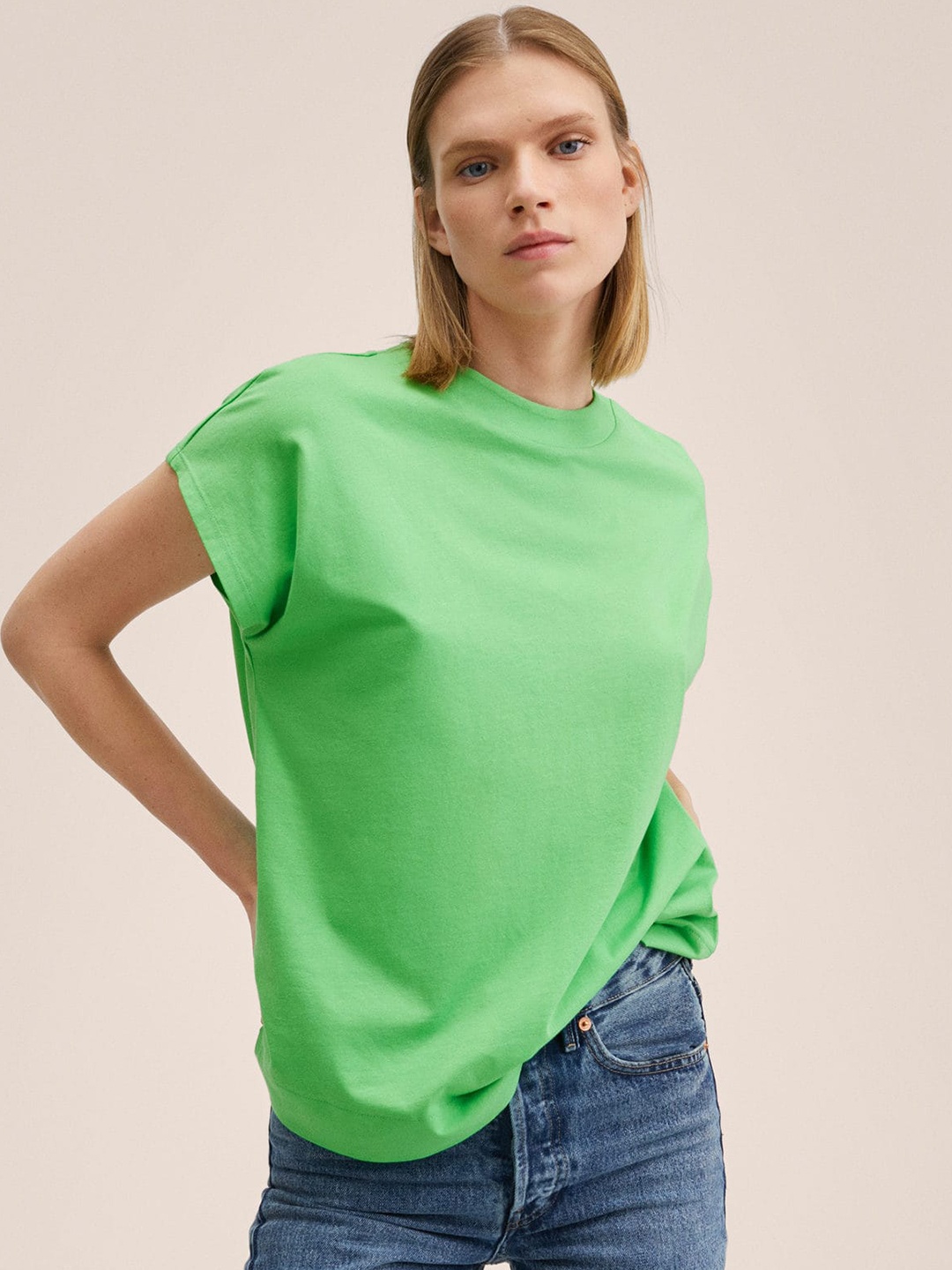

MANGO Women Green Solid Cotton Extended Sleeves T-shirt