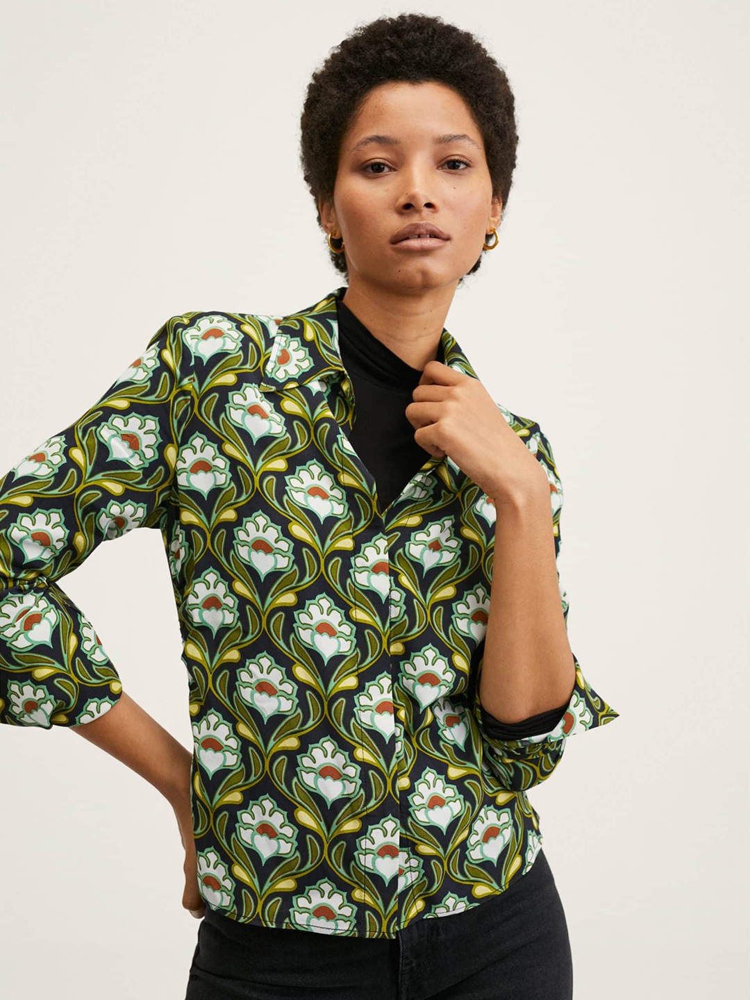 

MANGO Women Black & Green Ethnic Print Top