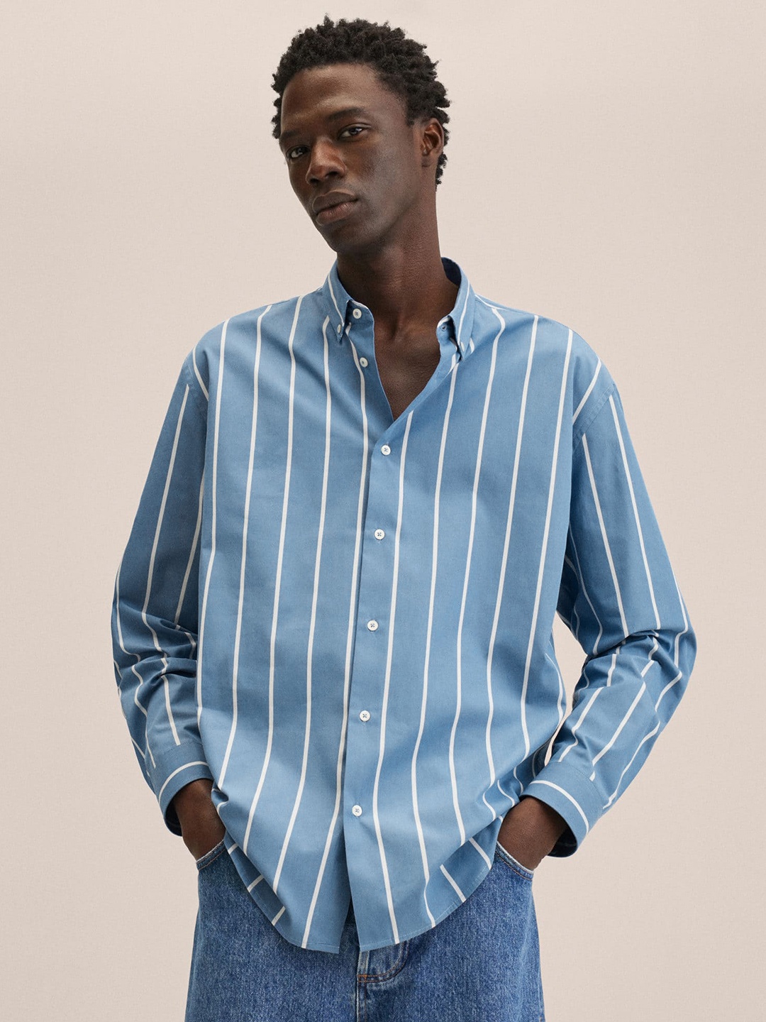

MANGO MAN Blue & White Striped Cotton Casual Shirt