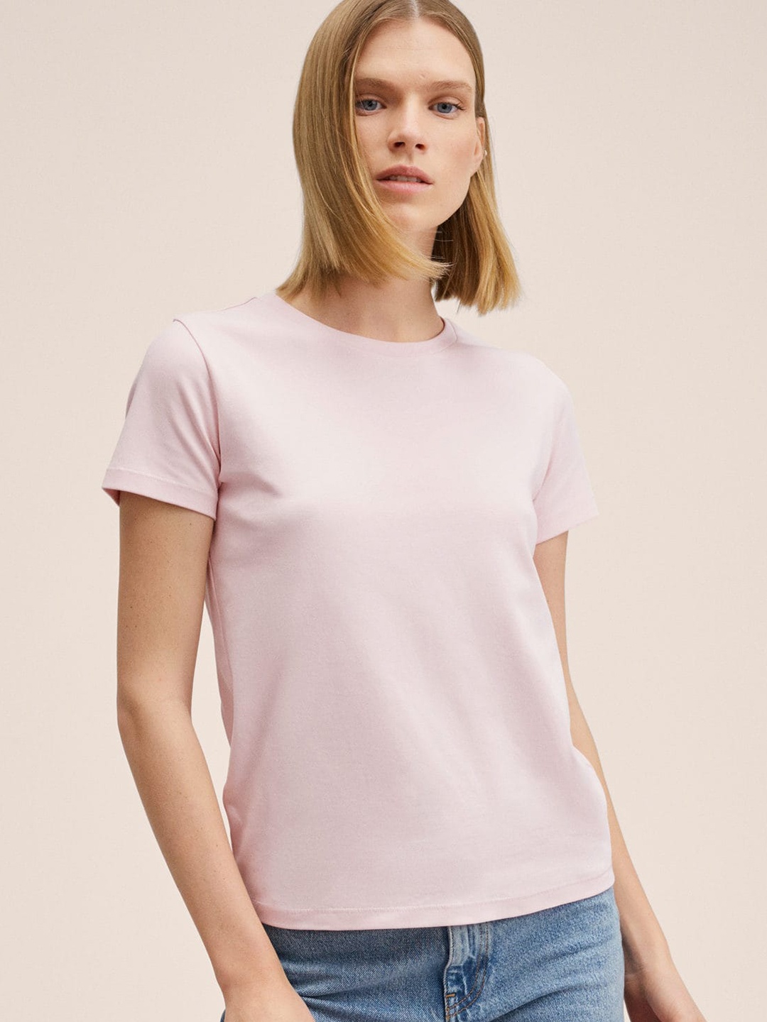

MANGO Women Pink Solid Pure Cotton T-shirt