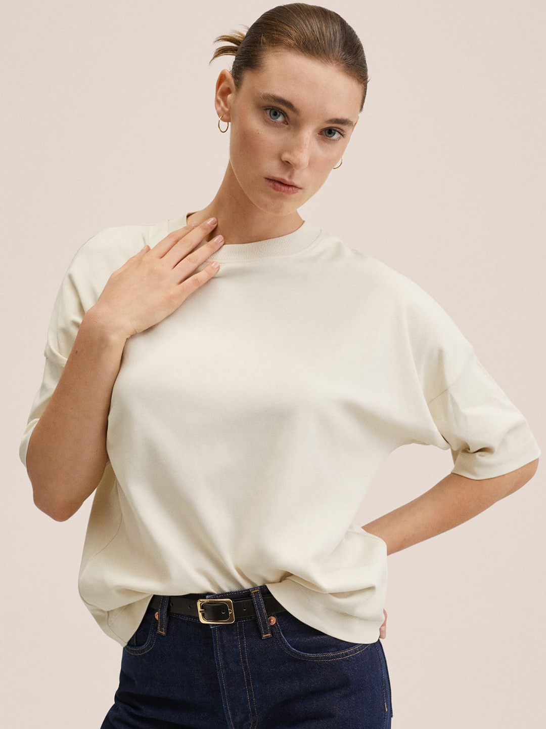 

MANGO Women Off-White Oversized Pure Cotton Solid T-shirt