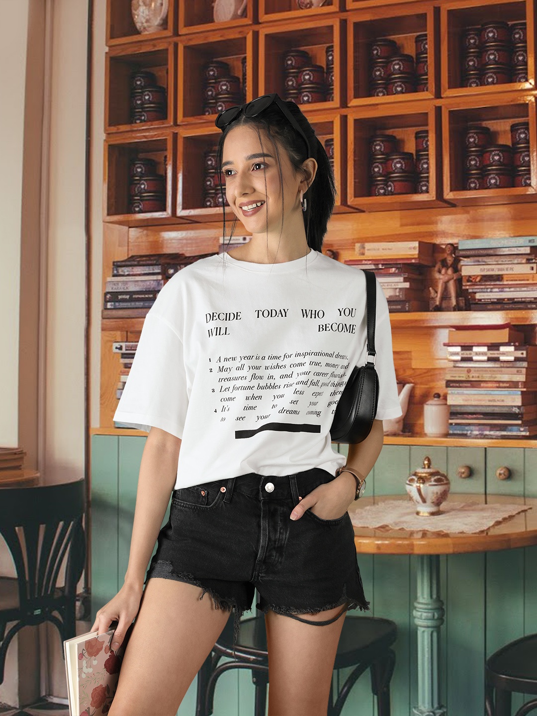

MANGO Women White Typography Printed Drop-Shoulder Sleeves Pure Cotton Boxy T-shirt