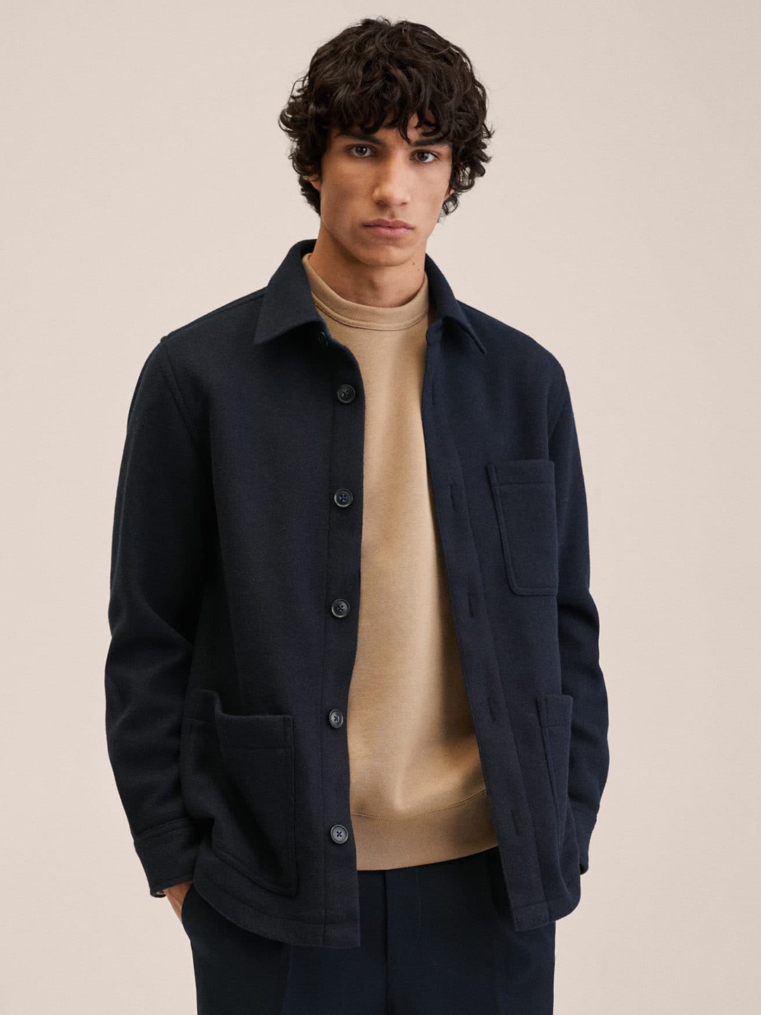 

MANGO MAN Men Navy Blue Solid Tailored Shacket