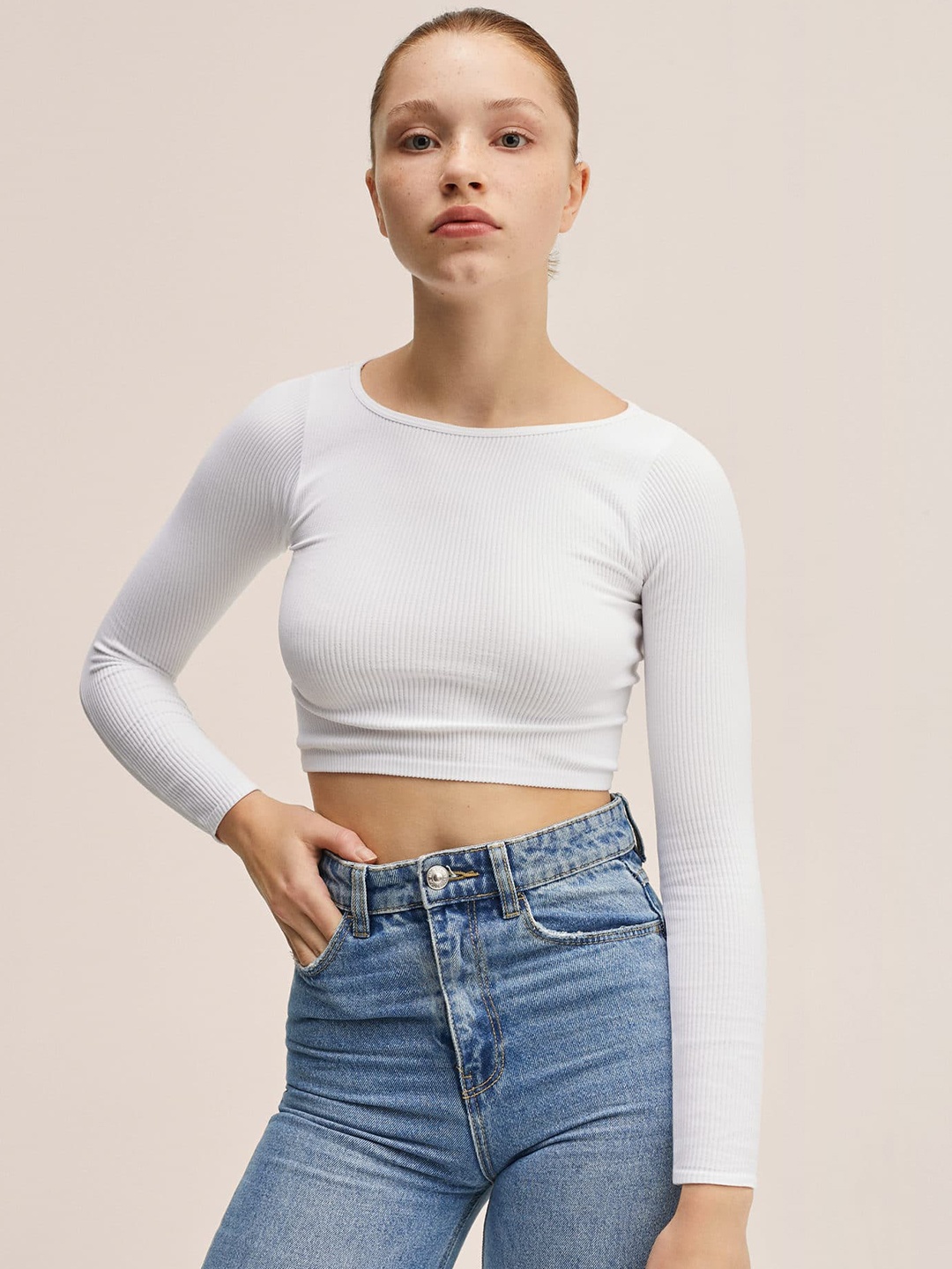 

Mango Kids Girls White Ribbed Round Neck Crop T-shirt