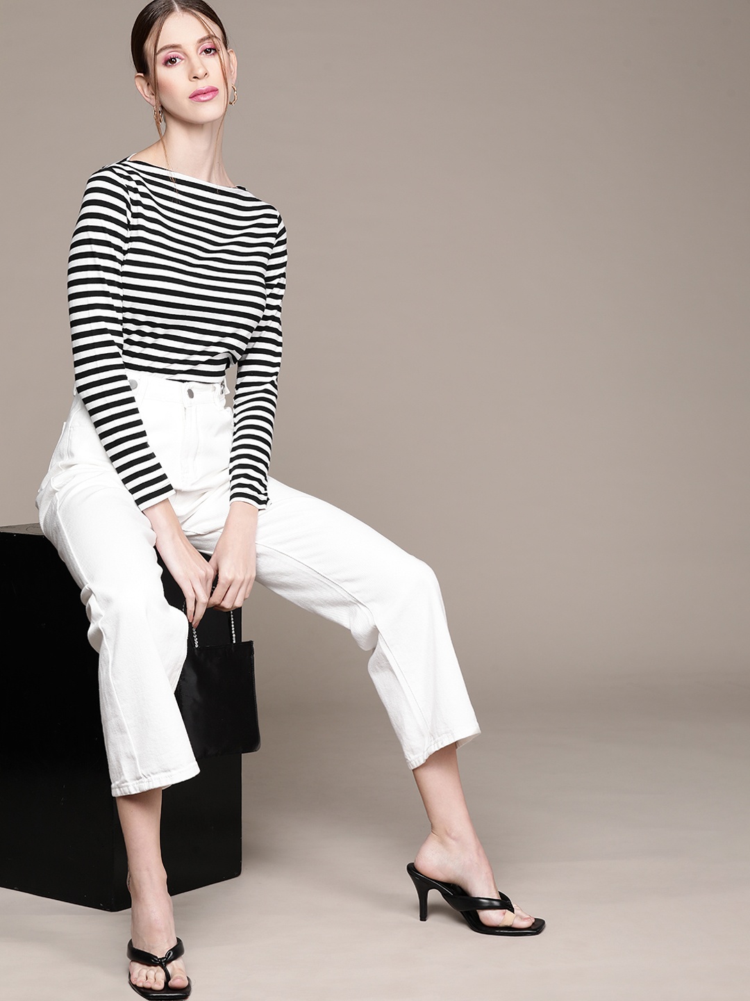 

MANGO Women Black & White Striped Pure Cotton T-shirt