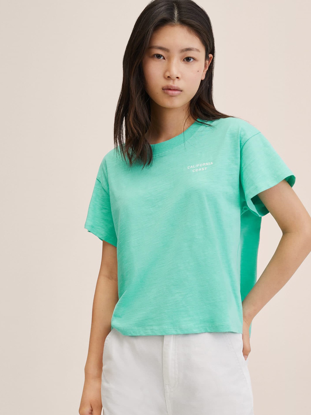 

Mango Kids Girls Green Drop-Shoulder Sleeves Pure Cotton T-shirt
