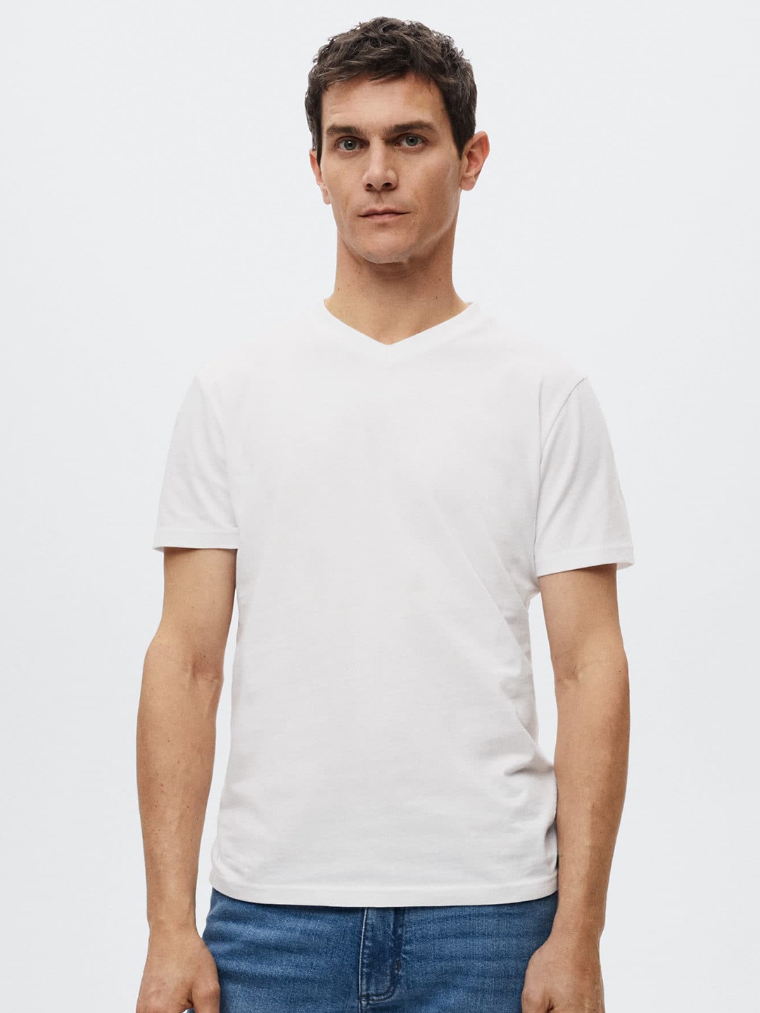 

MANGO MAN White V-Neck Knitted Pure Cotton T-shirt