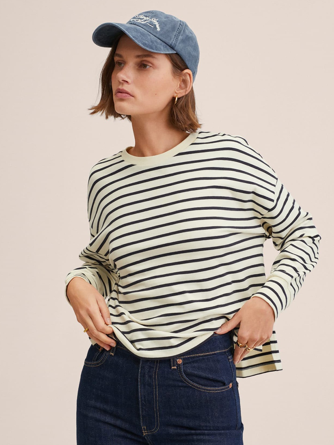 

MANGO Women Cream-Coloured & Navy Blue Striped Pure Cotton T-shirt