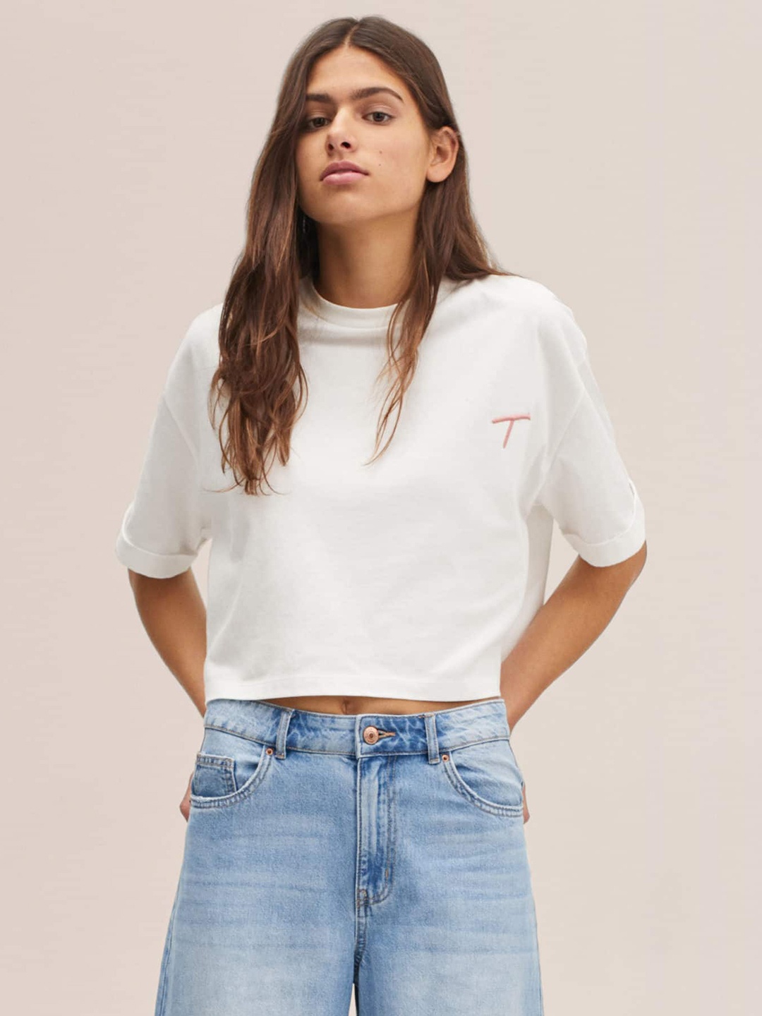 

Mango Kids Girls White Drop-Shoulder Sleeves Pure Cotton T-shirt