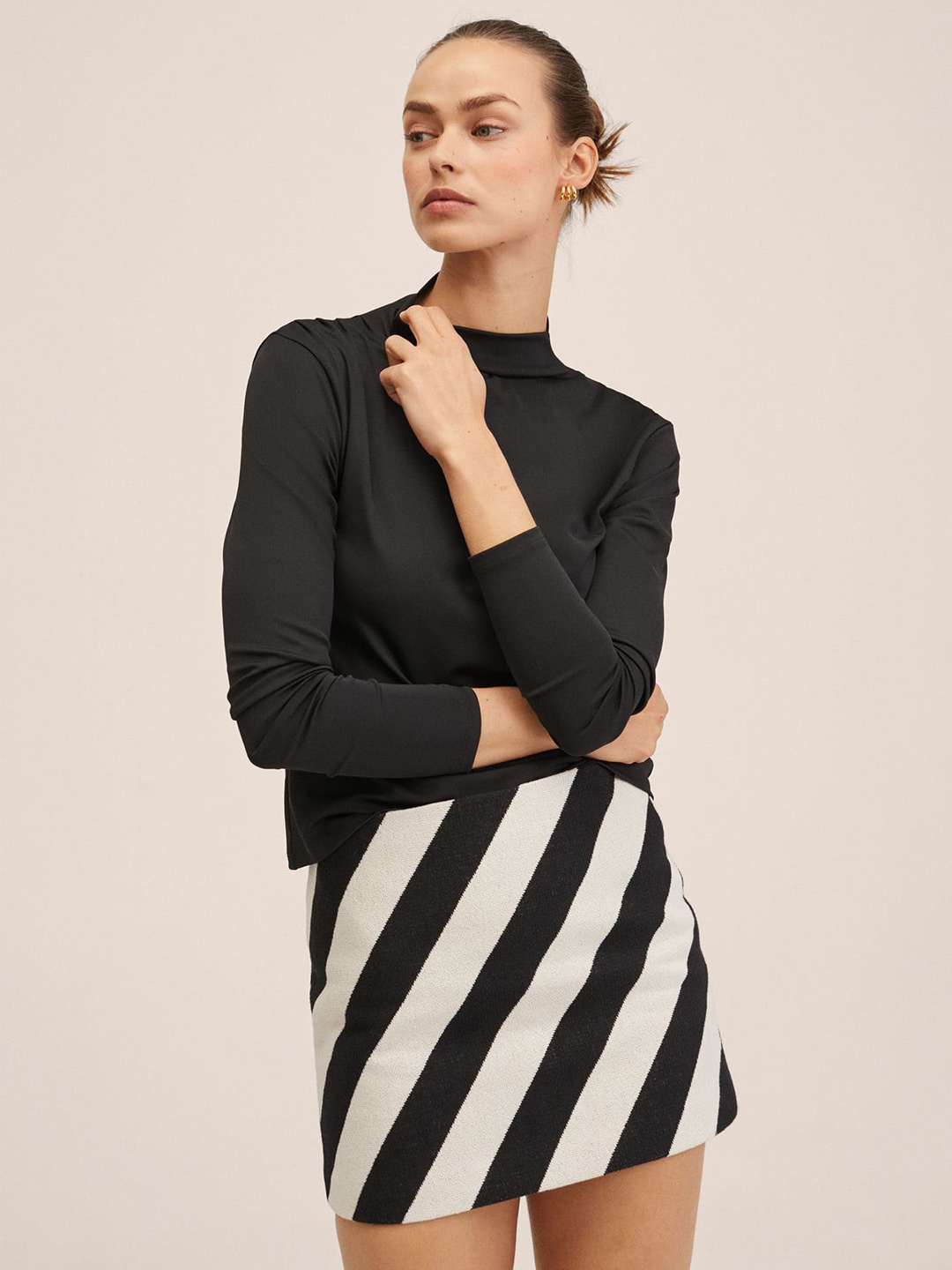 

MANGO Women Black High Neck T-shirt