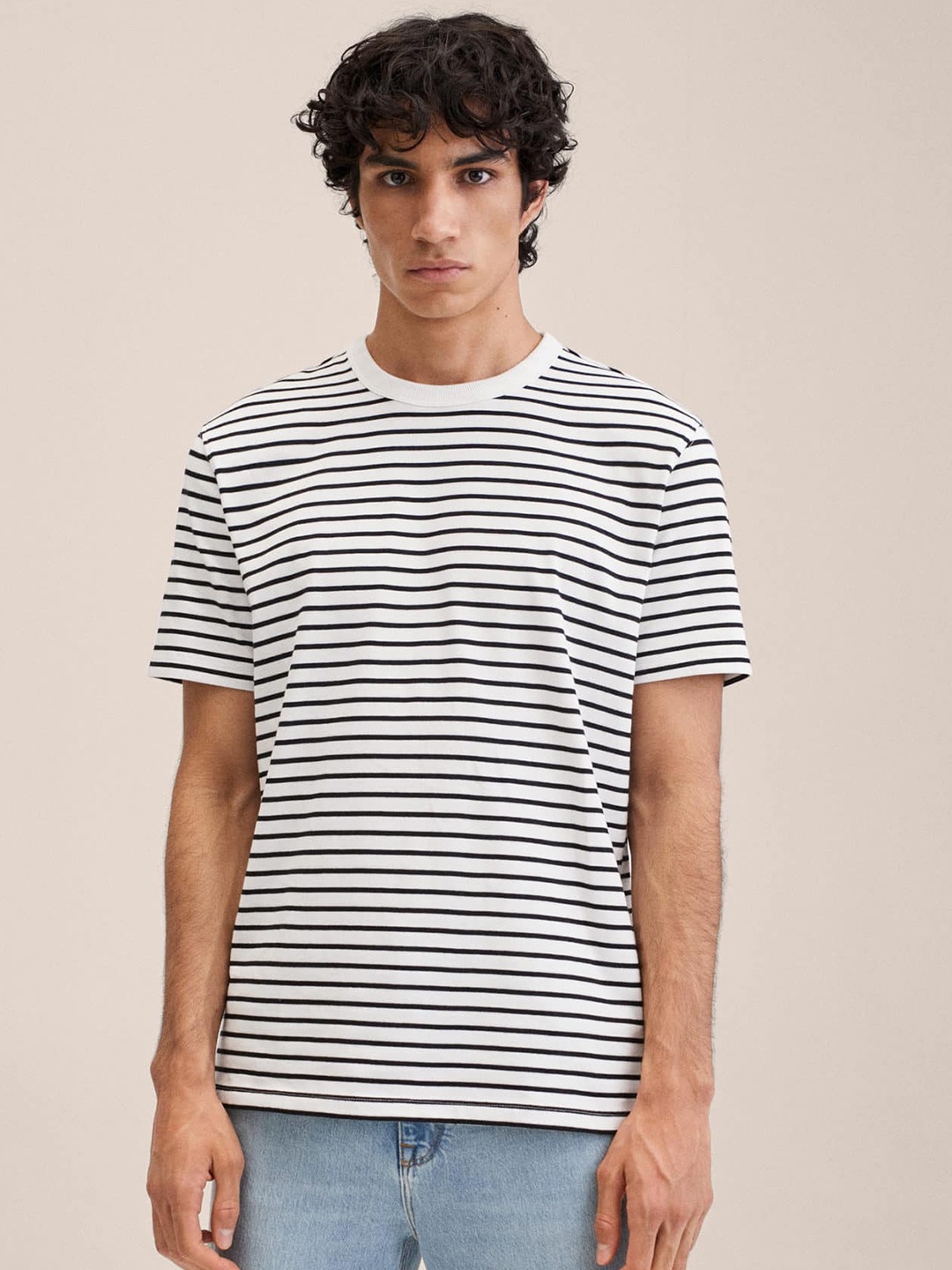 

MANGO MAN Men White & Black Striped Monochrome Knitted Pure Cotton T-shirt