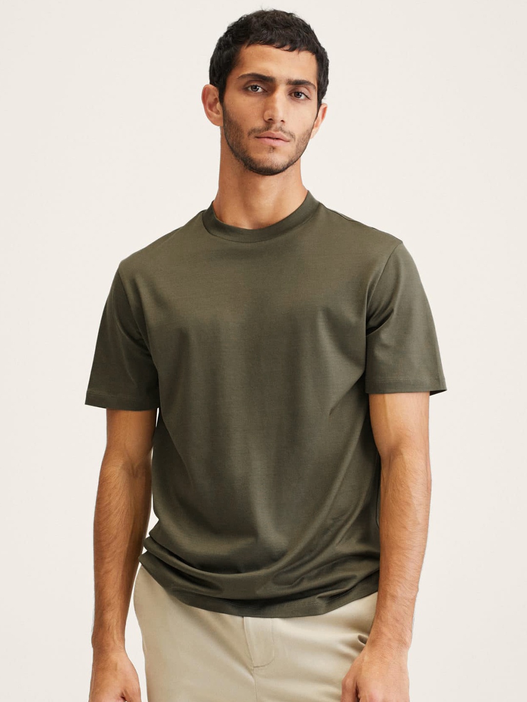 

MANGO MAN Men Olive Green Knitted Pure Cotton T-shirt