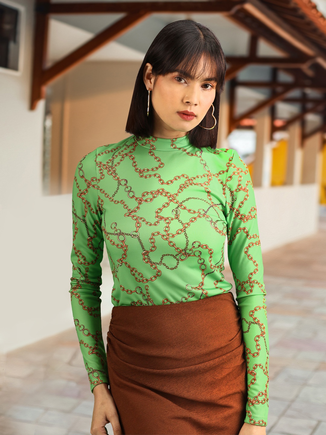 

MANGO Green & Brown Conversational Print Top