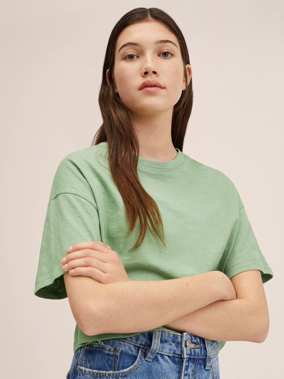 

Mango Kids Girls Mint Green Solid Drop-Shoulder Sleeves Cotton T-shirt