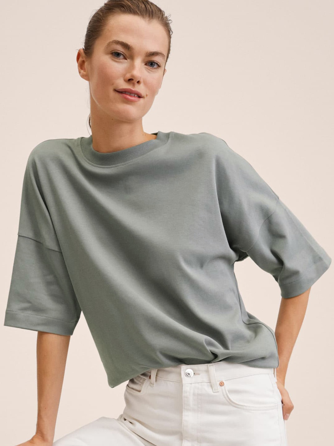 

MANGO Women Green Solid Drop-Shoulder Sleeves Pure Cotton T-shirt