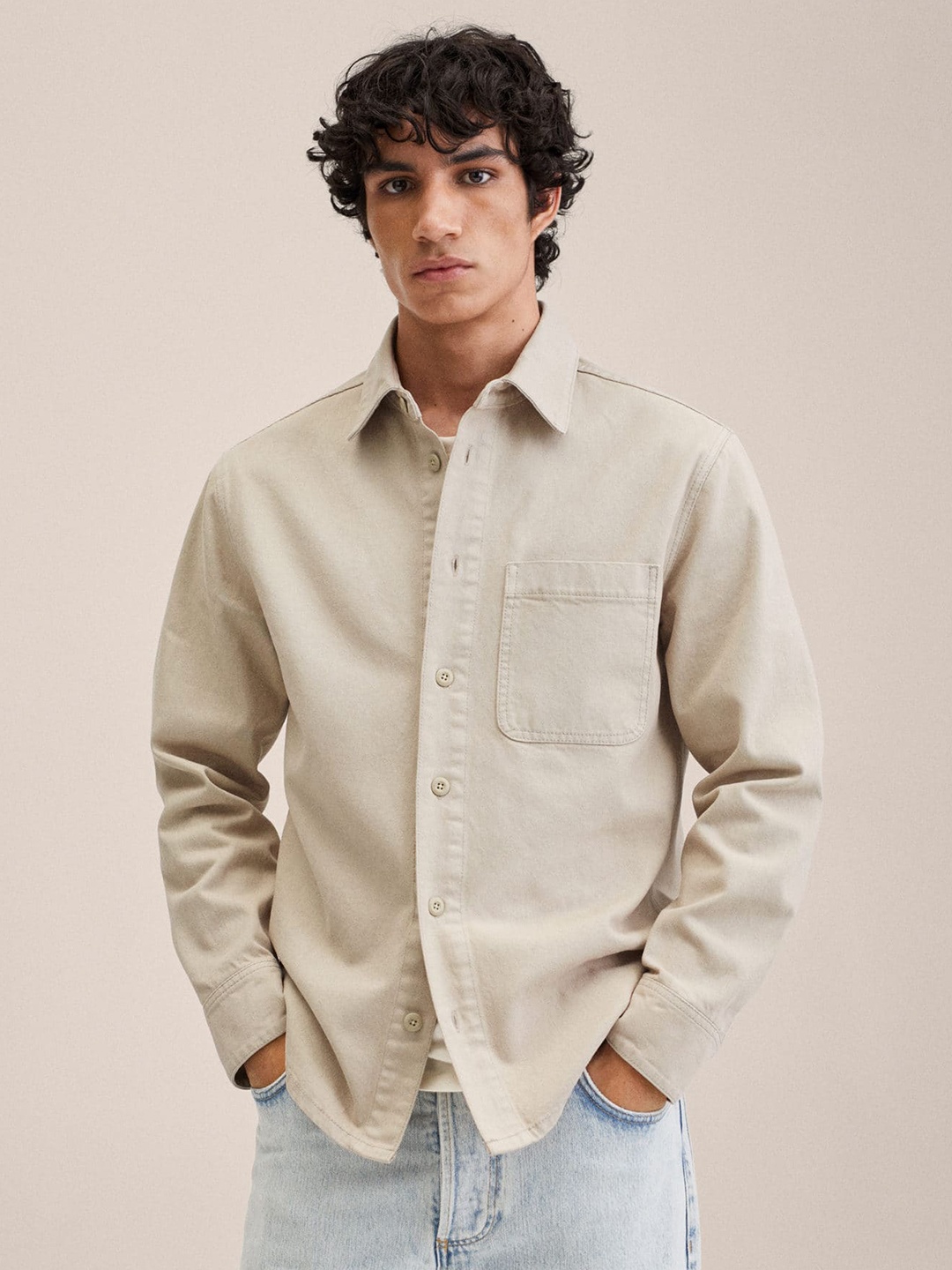 

MANGO MAN Beige Casual Solid Denim Shacket