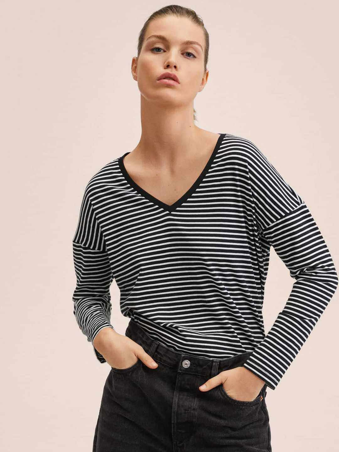 

MANGO Women Black & White Striped V-Neck Pure Cotton T-shirt