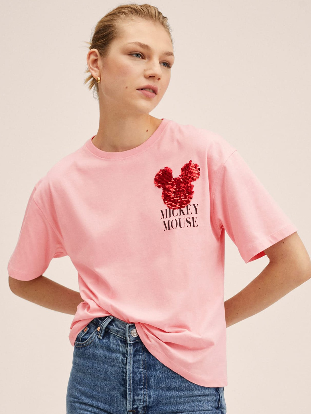 

MANGO Women Pink Mickey Mouse Print Cotton Drop-Shoulder Sleeves T-shirt