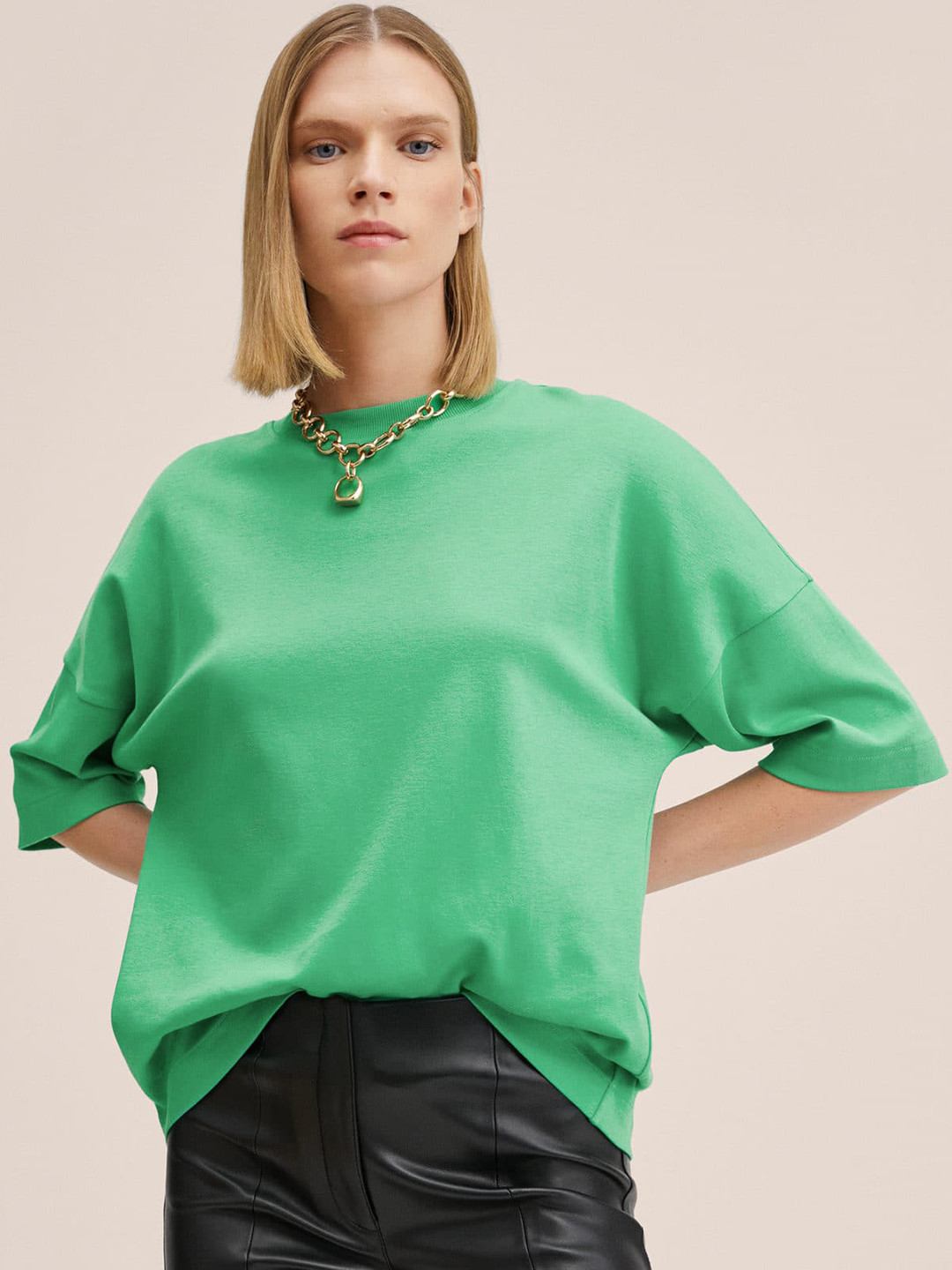 

MANGO Women Green Drop-Shoulder Sleeves Oversize Pure Cotton T-shirt