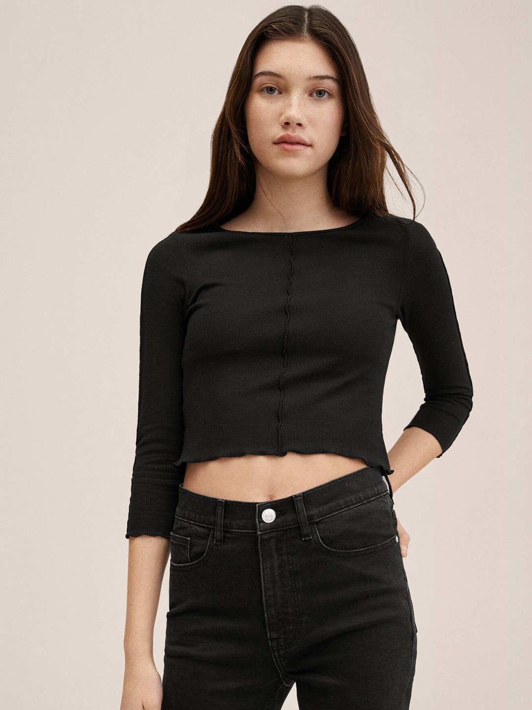 

Mango Kids Girls Black Ribbed Crop T-shirt