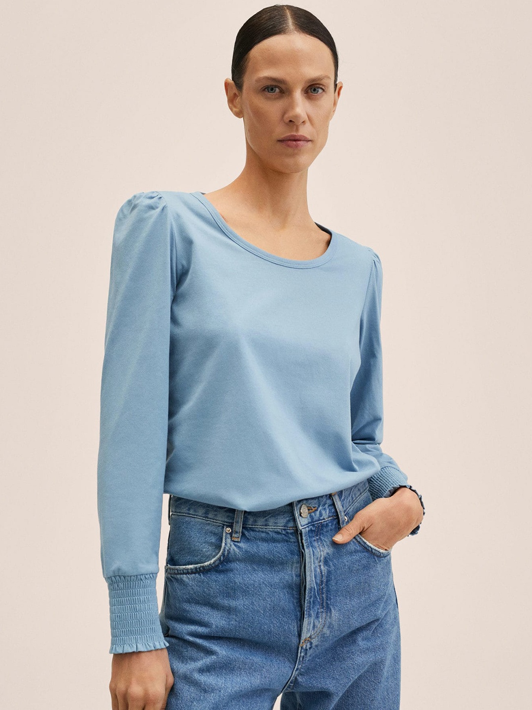 

MANGO Women Blue Pure Cotton Puff Sleeves T-shirt