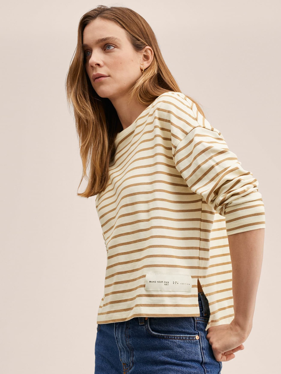 

MANGO Women Cream-Coloured & Brown Striped T-shirt