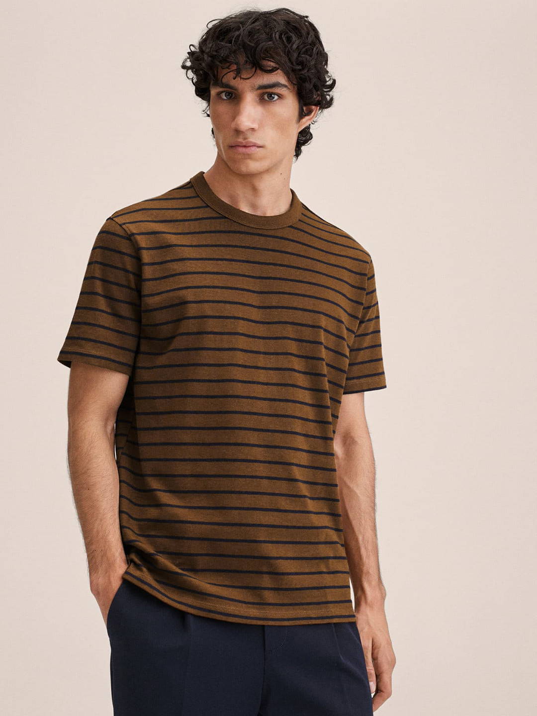 

MANGO MAN Men Brown & Black Striped Knitted Pure Cotton T-shirt