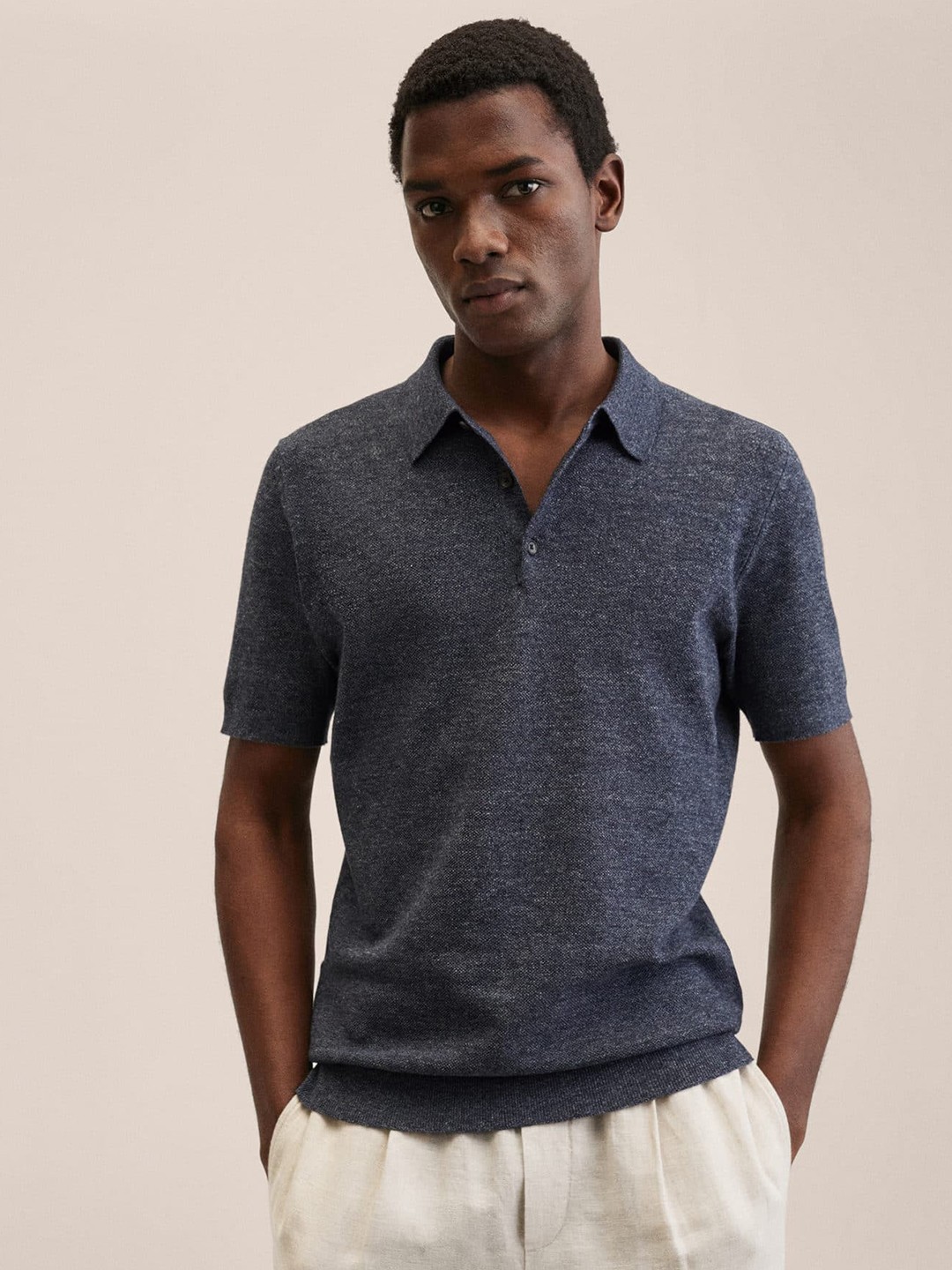 

MANGO MAN Men Charcoal Grey Polo Collar T-shirt
