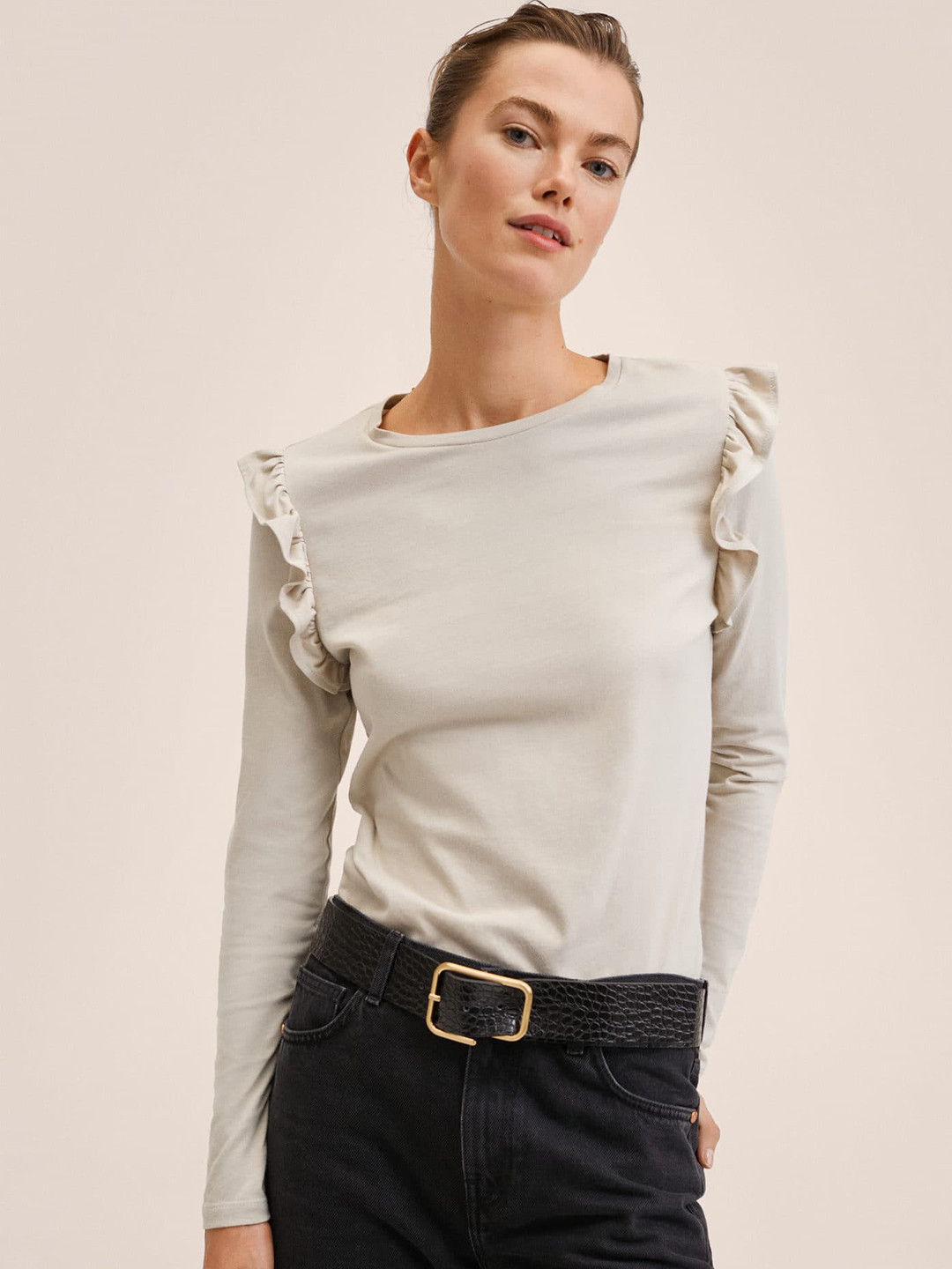

MANGO Grey Solid Pure Cotton Ruffles Top