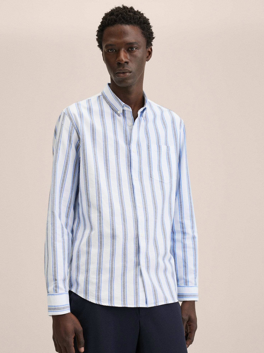 

MANGO MAN White & Blue Striped Cotton Casual Shirt