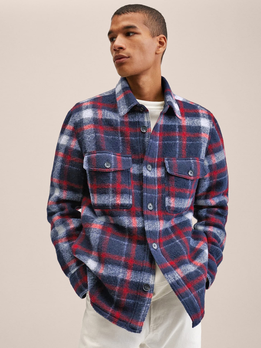 

MANGO MAN Navy Blue Red Checked Tailored Shacket