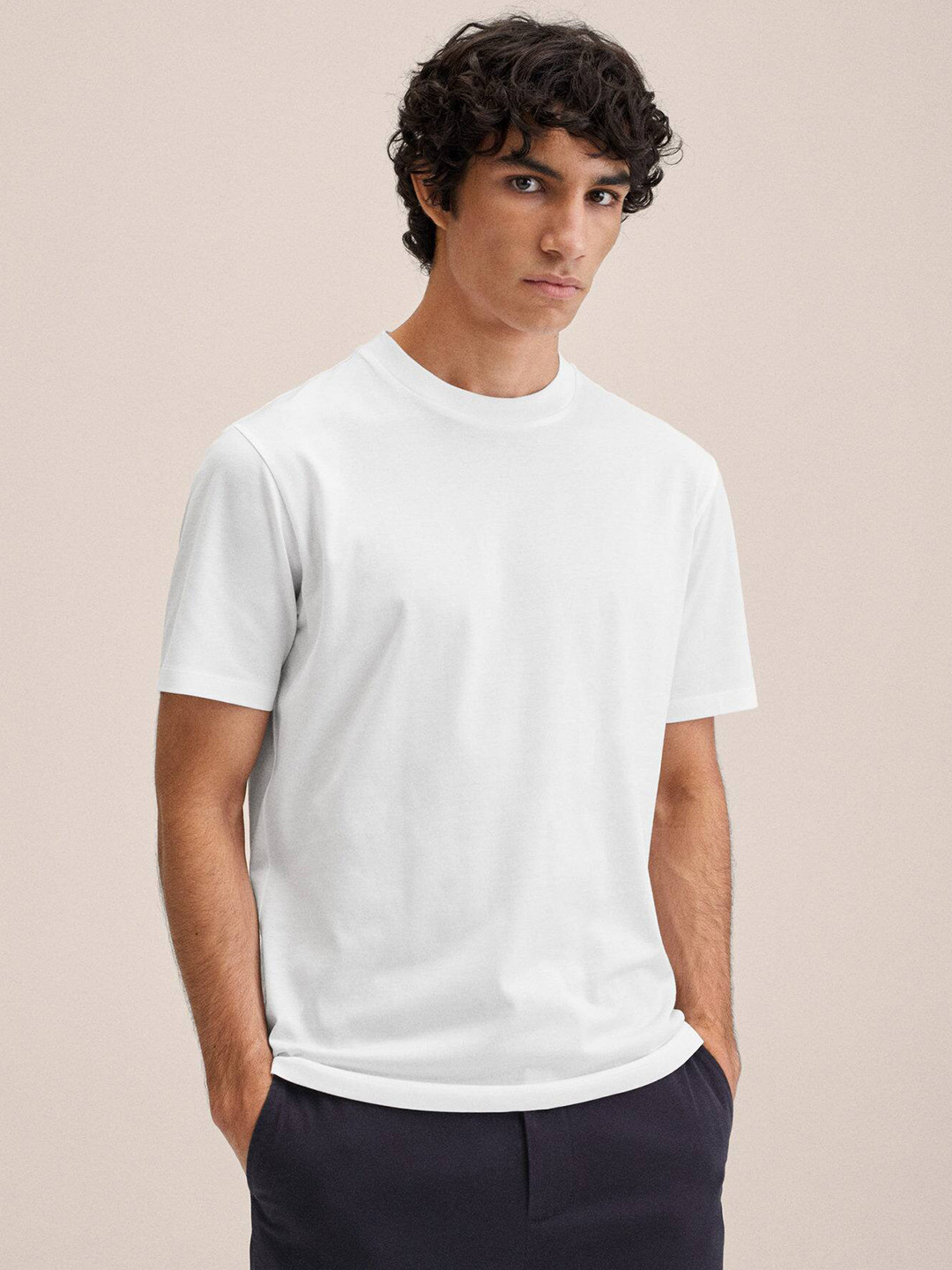 

MANGO MAN White Knitted Pure Cotton T-shirt