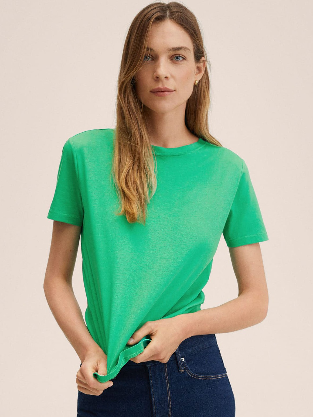 

MANGO Women Green Solid Organic Cotton T-shirt