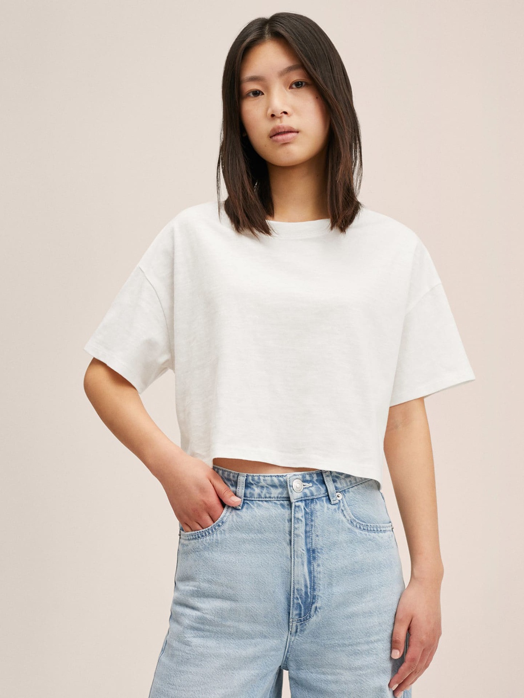 

Mango Kids Girls White Drop-Shoulder Sleeves Pure Cotton T-shirt